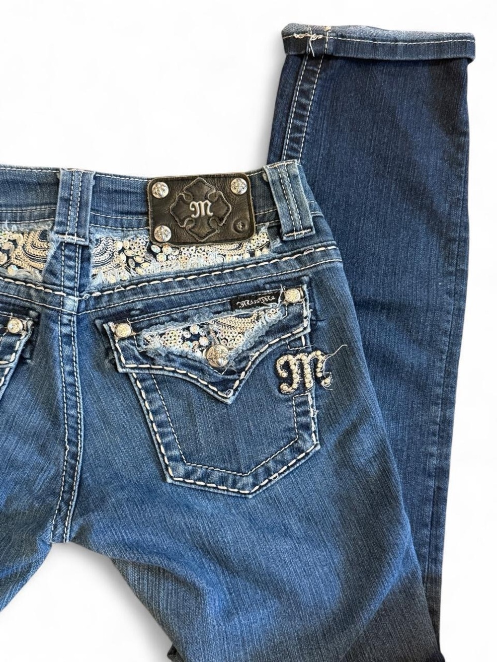 Miss Me Low Rise Y2K McBling Embellished Cropped Skinny Jeans Size 28 Sequin